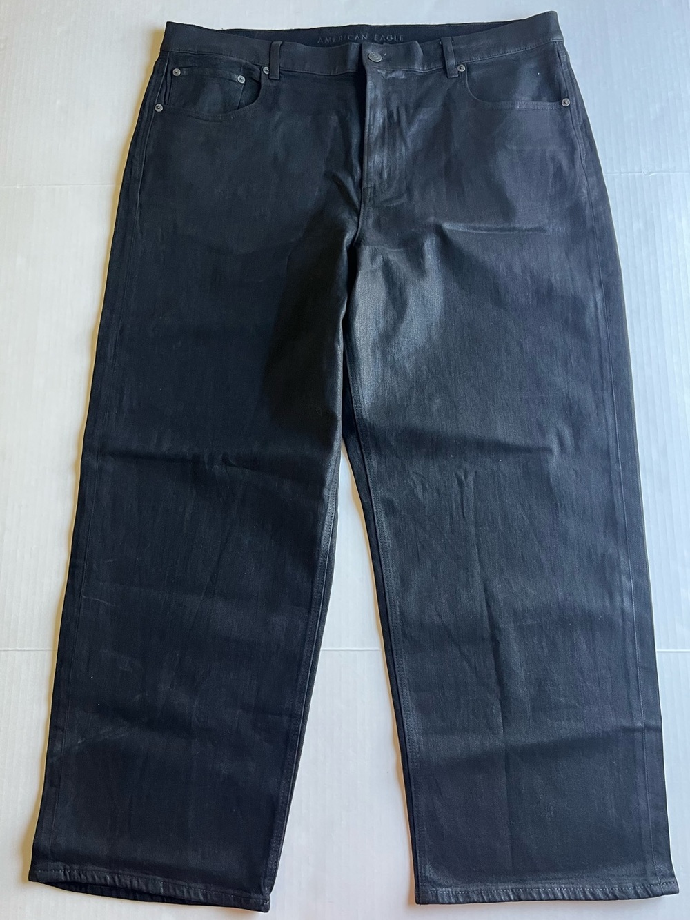 American Eagle Black Stretch Coated Super High-Rise Baggy Straight Jeans